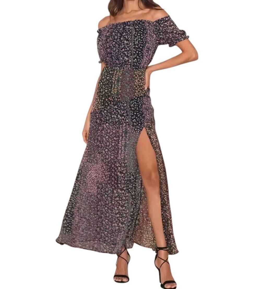 Lulus Maxi Dress Sz L Boho Ditsy Floral Patchwork Print Slit Off Shoulder NWT